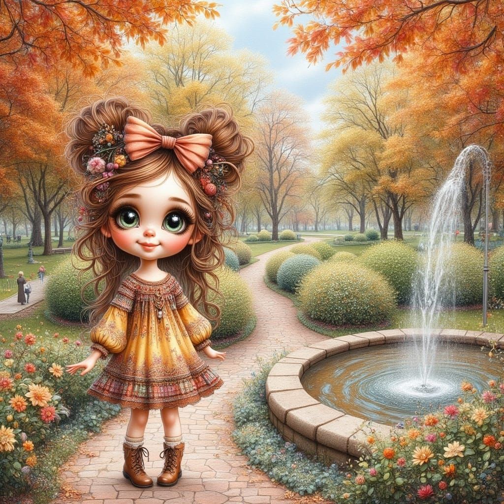 Victorian Doll Enjoys Whimsical Park Scene in Fall Hues