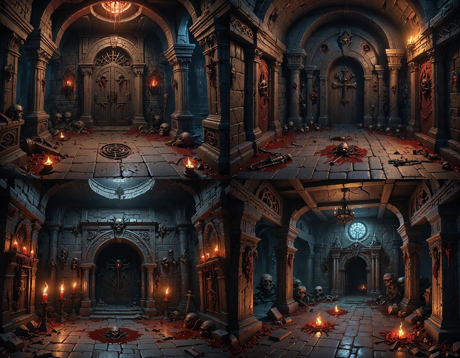 Dark Fantasy Crypt with Knights and Frightening Eyes