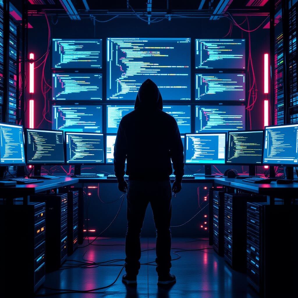 Cyberpunk Hacker in Dark Server Room