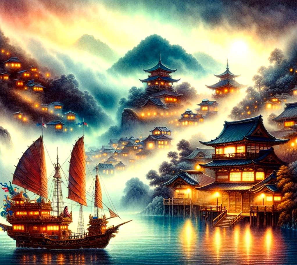 Sailing Ship on a Mystical Japanese Lake in Watercolor Style