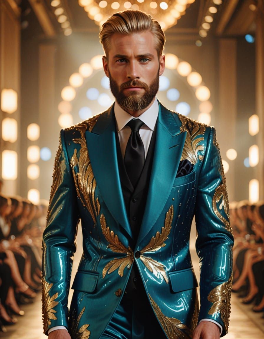 Elegant Man Struts in Extravagant Haute Couture on the Catwa...