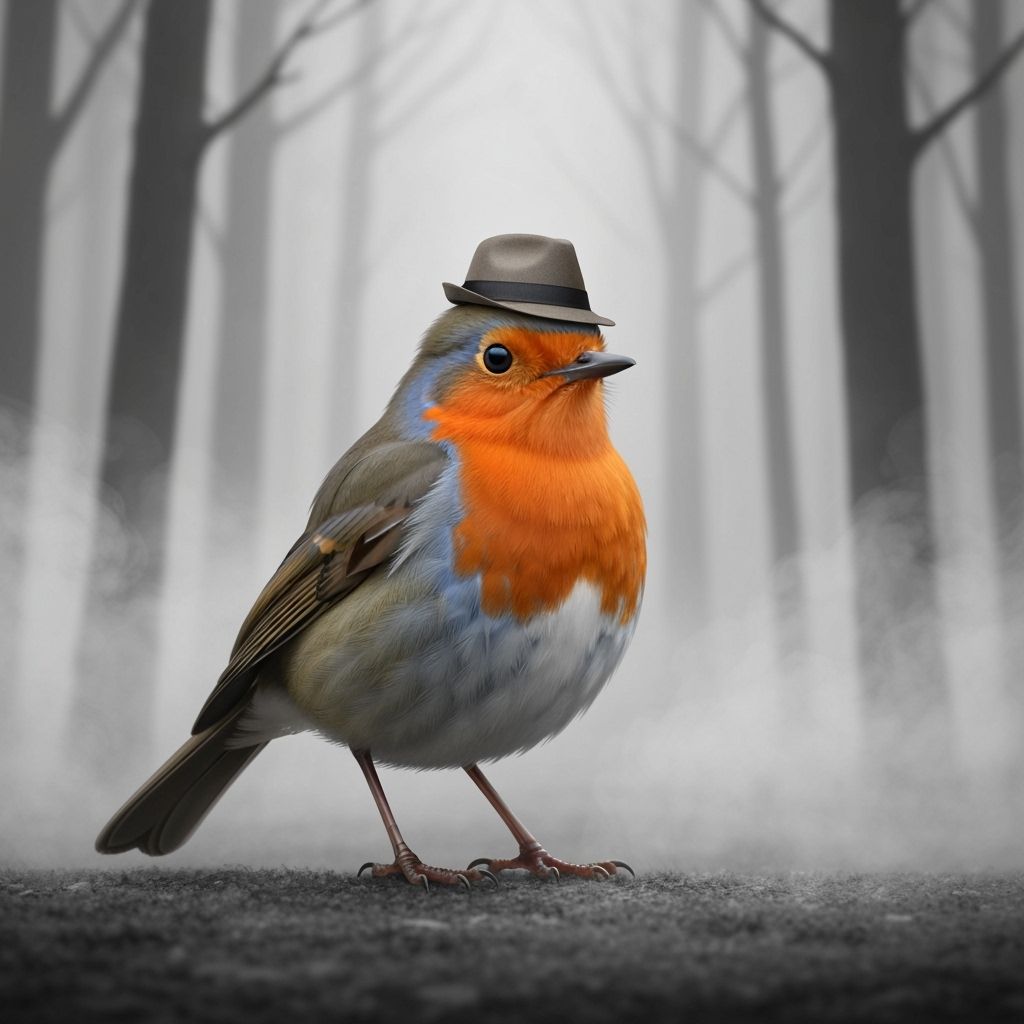 Robin in Grayscale Forest with Fedora, Digital Painting Styl...