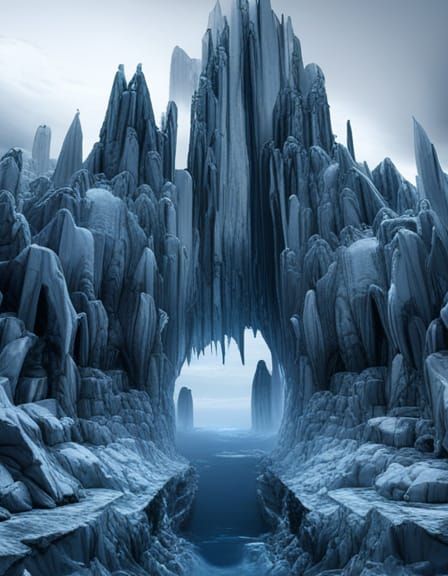 Ethereal Blue Ice Castle in Majestic Mountain Landscape