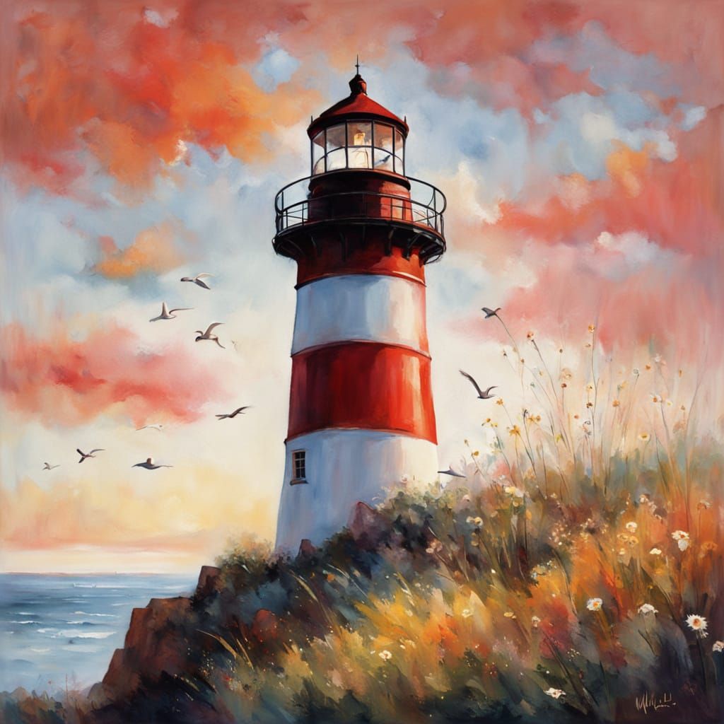 Lighthouse on Windswept Cliff at Sunrise