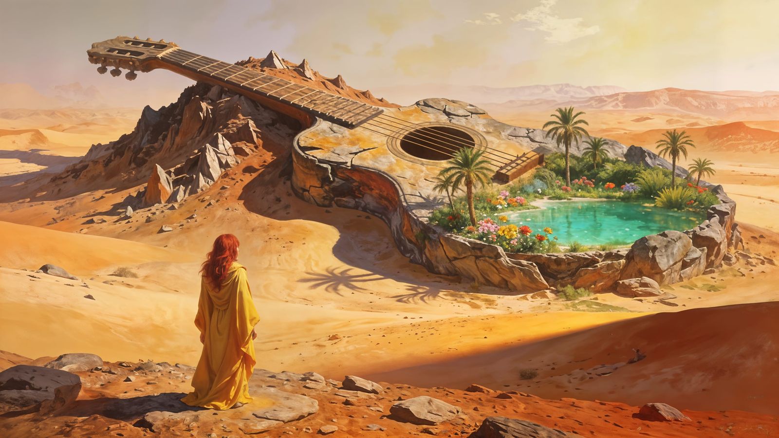 Woman in Desert Oasis Before Guitar Hill