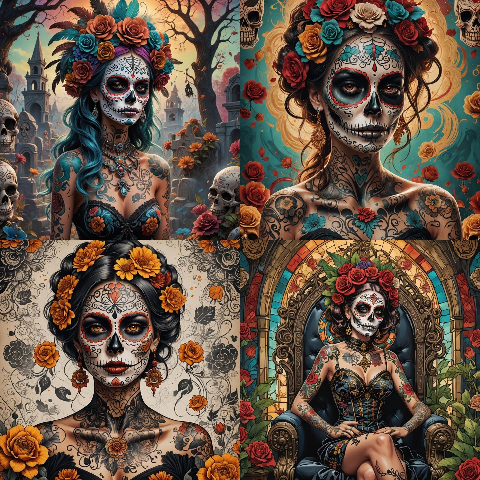 Day of the Dead Pinup Tattoo Art in Vibrant, Dreamlike Detai...