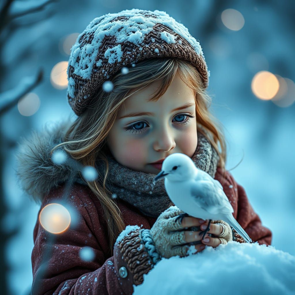 Young Girl with a White Bird in Snowy Scene, Captured with B...