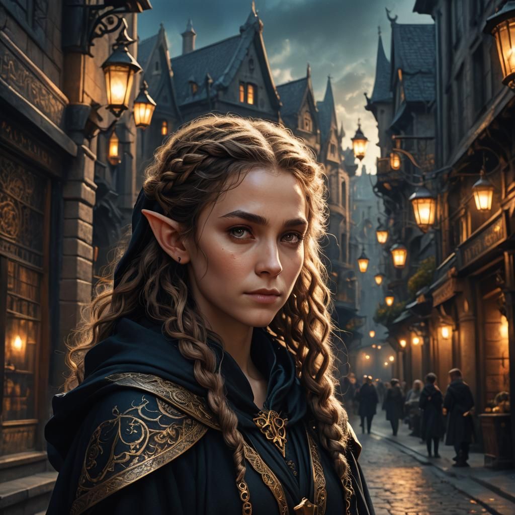 Mysterious Elf Maiden in Dark City Shadows