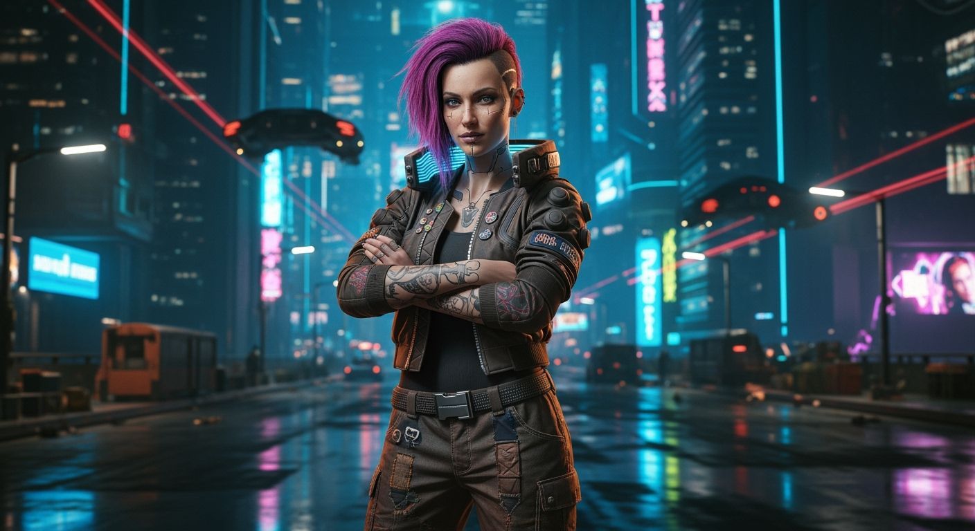 Judy Alvarez in Cyberpunk City at Night