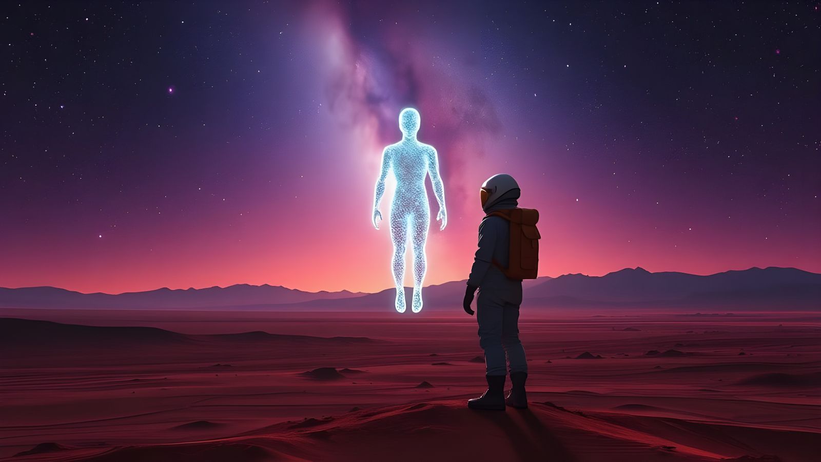 Lone Traveler Meets Celestial Figure on a Desolate Planet