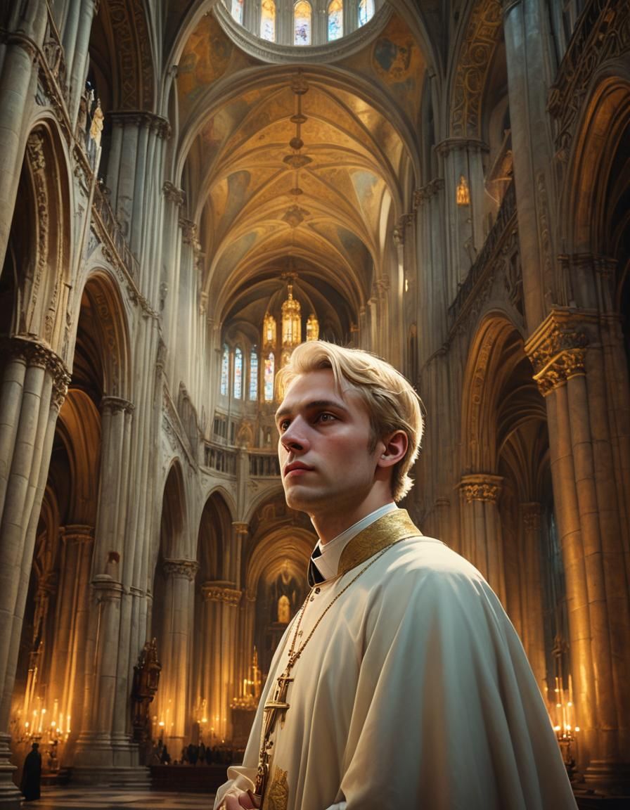 Golden Light Illuminates a Young Priest in a Historic Cathed...