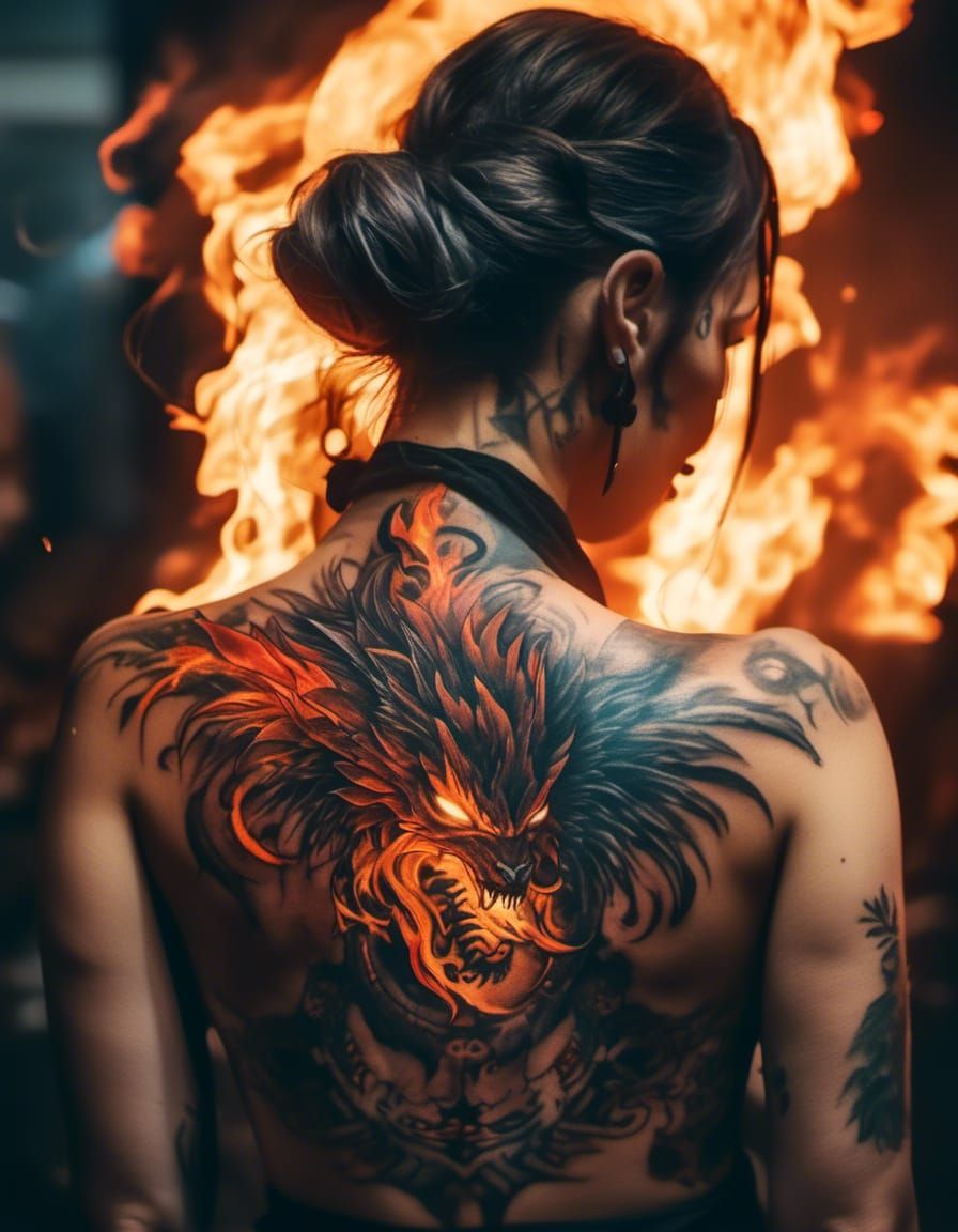 Sultry Woman with Fiery Tattoo in Moody Cinematic Lighting
