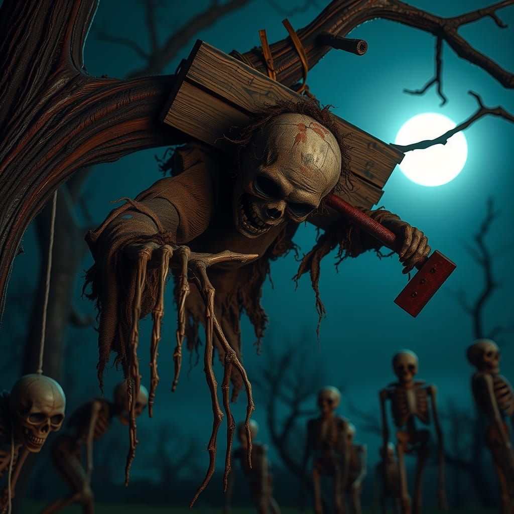 Twisted Scarecrow Abomination in Dark, Macabre Horror Scene