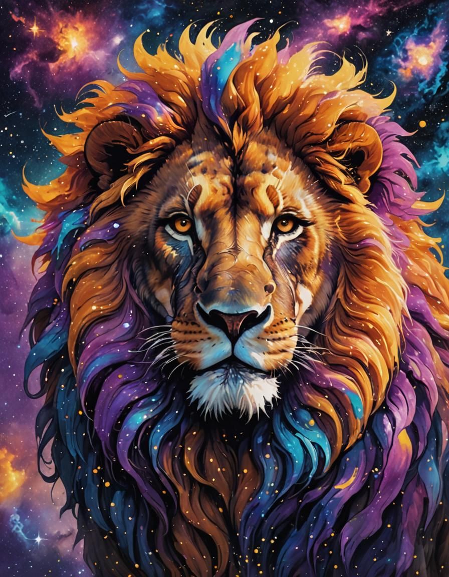 Celestial Lion in Cosmic Splash Art