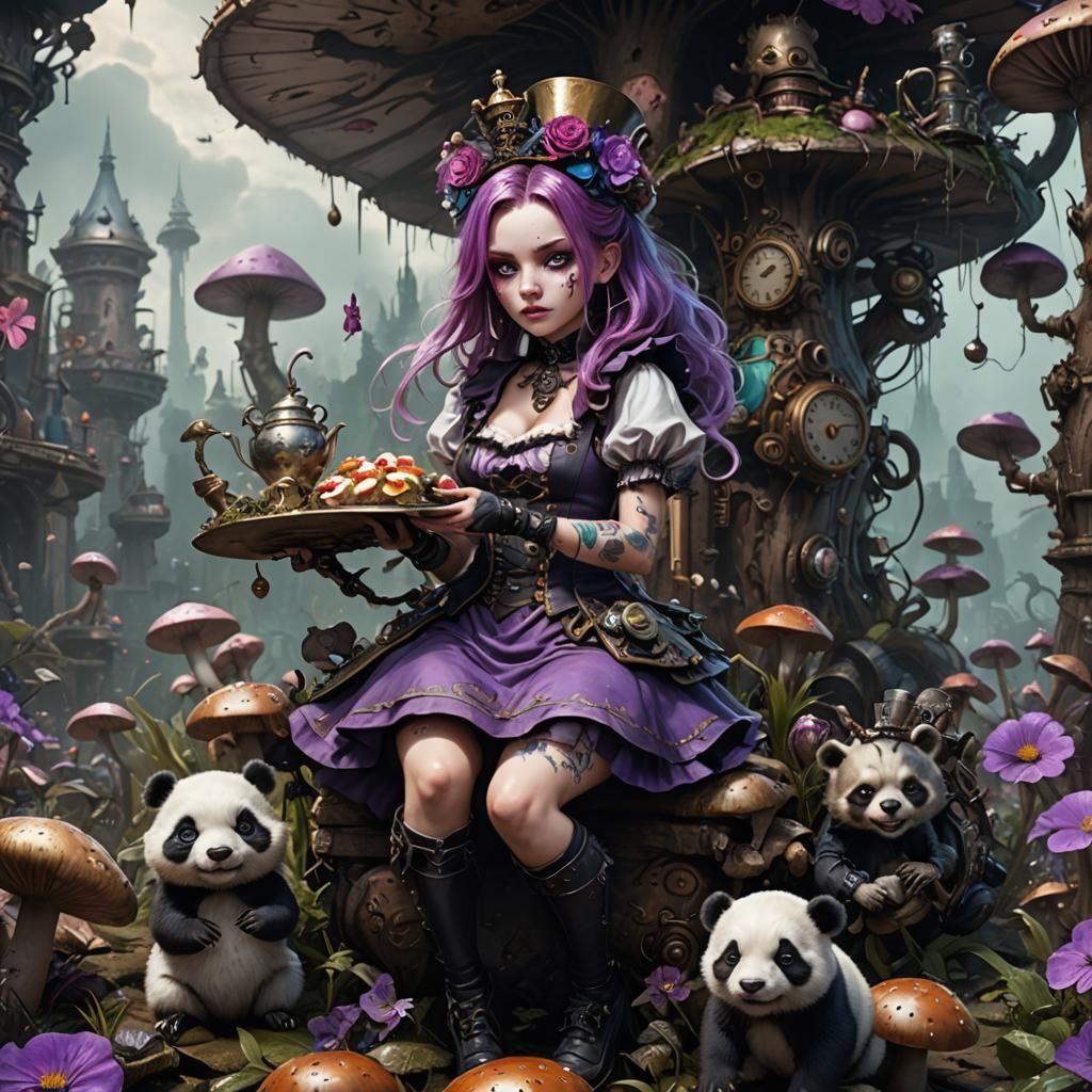 Steampunk Punk Alice in Wonderland with Panda, Tattoos, and....