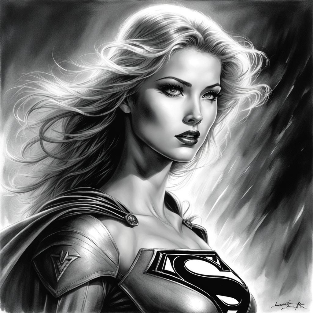 Vintage Monochrome Portrait of Cute Supergirl in Splash Art...