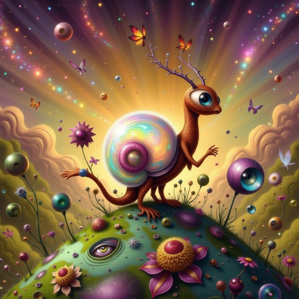 Whimsical Cheetah-Snail Hybrid in Vibrant, Surreal Landscape