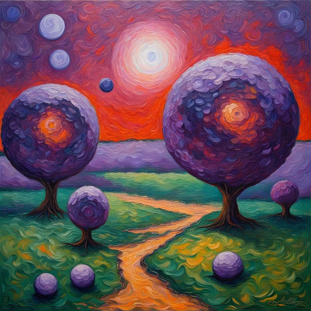 Purple Moons of the Green Planet in Neo-Expressionist Oil Pa...