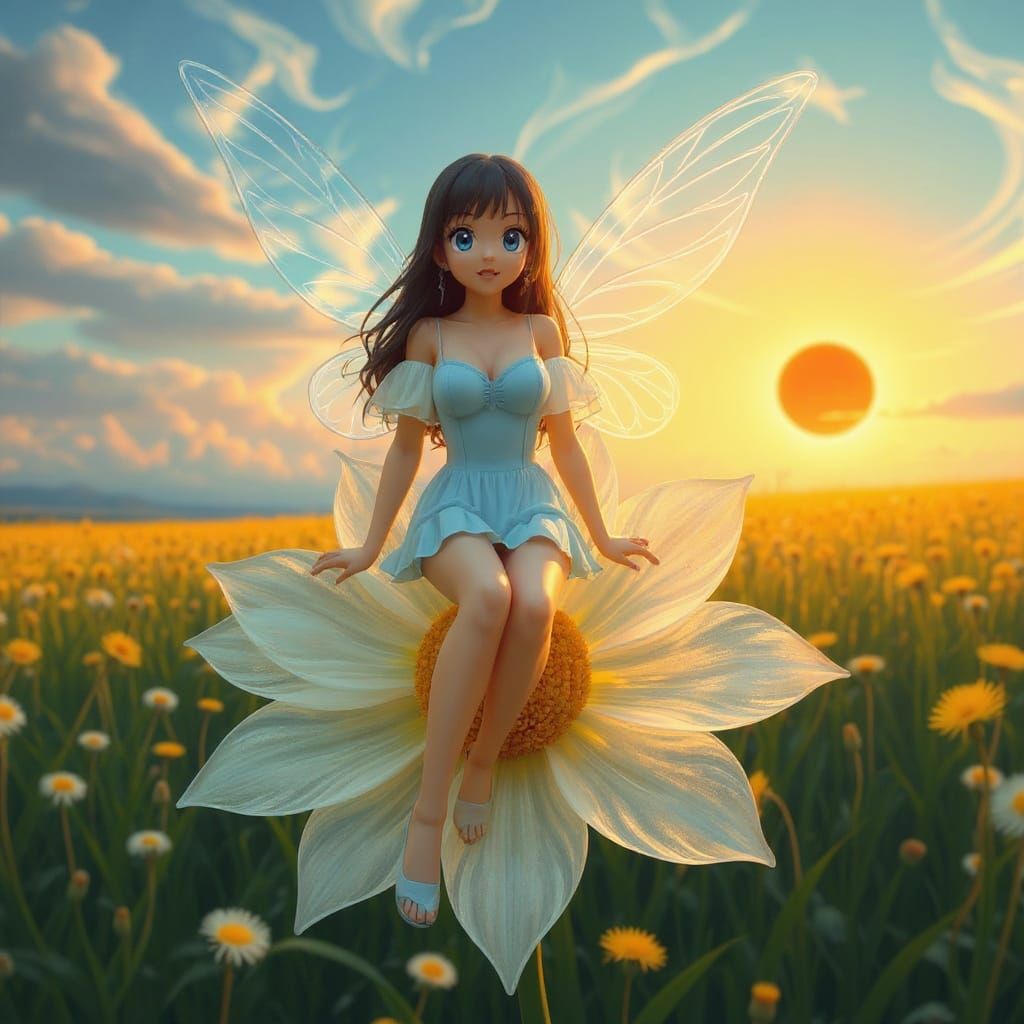 Cute Fairy on Transparent Flower, Anime 3D Art