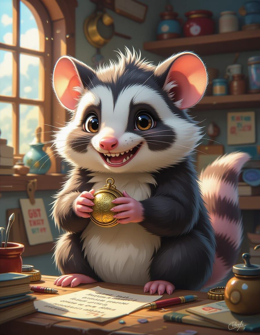 Anthropomorphic Opossum Collector in Anime Style
