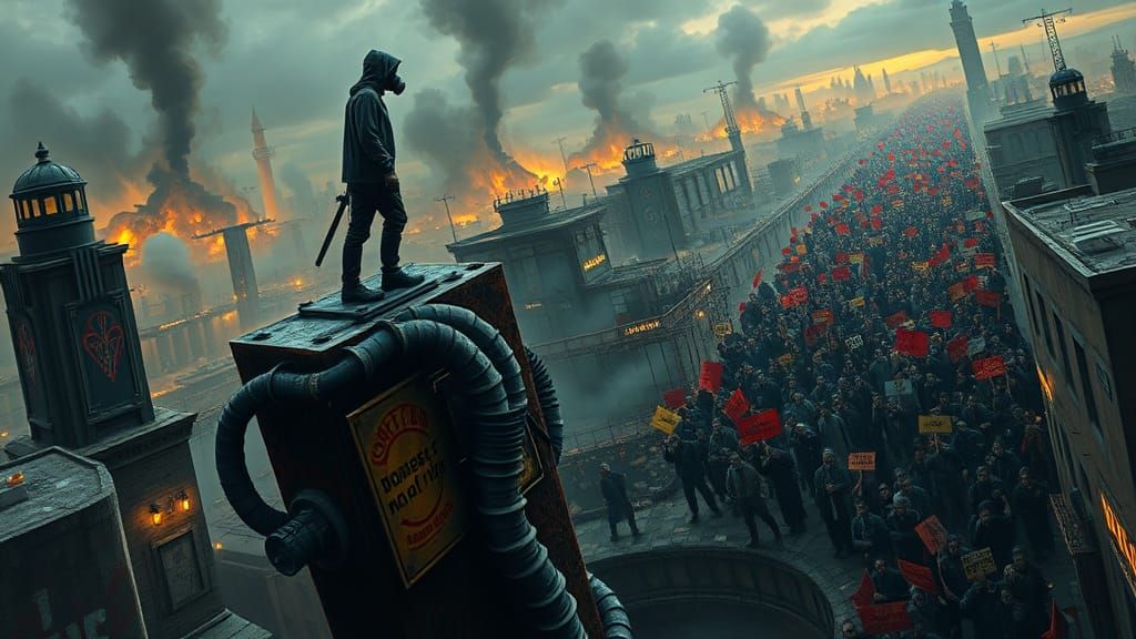 Figure Emerging from a Twisted, Molten Metropolis