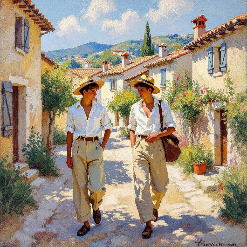 Boys Stroll Through Southern French Village: Impressionistic...