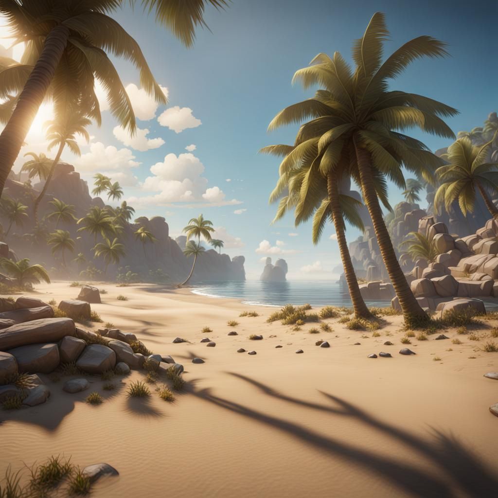 Epic 3D Beach Masterpiece in Cyberpunk Videogame Style