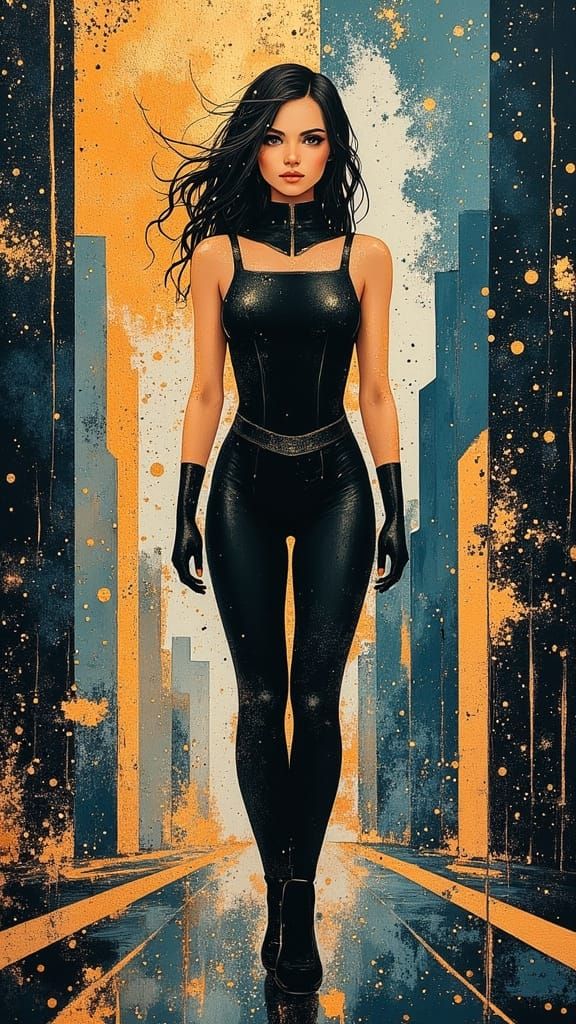 Retro-Futuristic Super Heroine Stands Tall in Art Deco Citys...