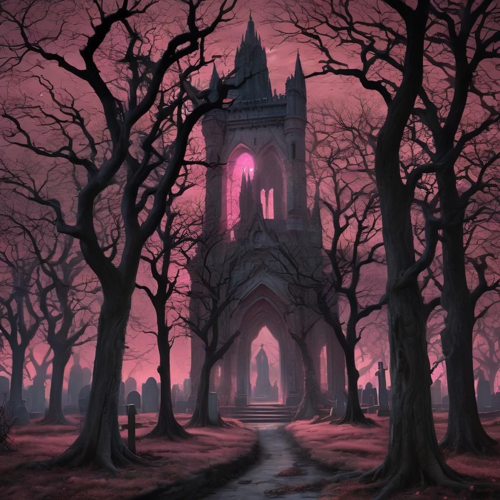 Castle in a Dark Horror Aesthetic with a Pink Glow