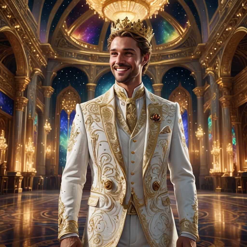 Chiseled Groom in Grand Hall, Adorned with Luxury and Wonder