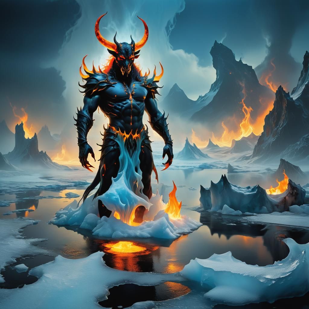 Devil Emerges from Melting Ice in Vibrant, Fantastical Scene