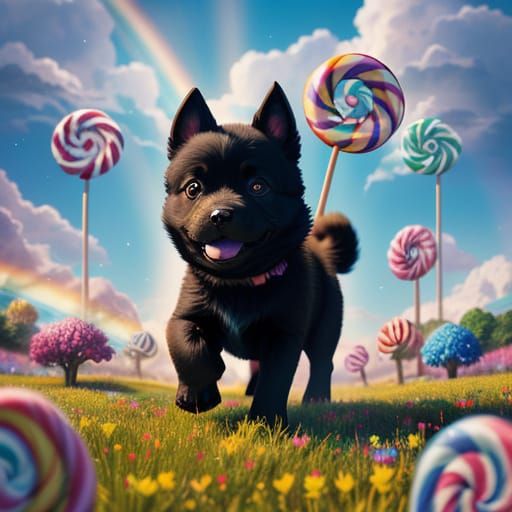 Black Puppy Runs Through Candy Land in Chibi Style