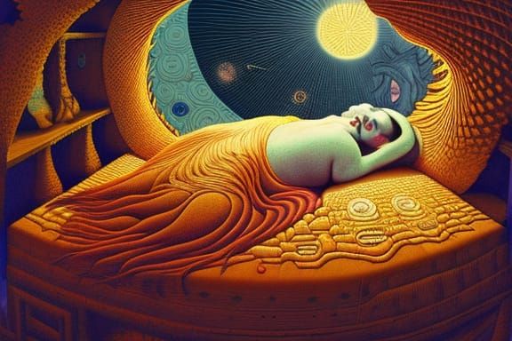 Ethereal Goddess Rests in a Celestial Bed of Sun and Moon