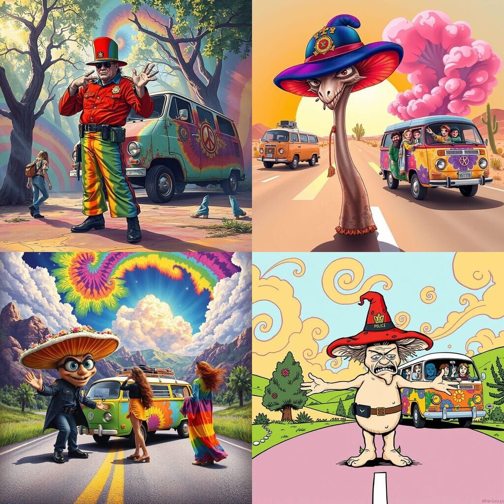 Rebellious Hippie Van Stopped by Cyberpunk Cop