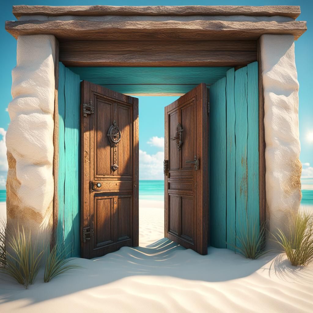 Ancient Door Reveals Serene Beach Paradise
