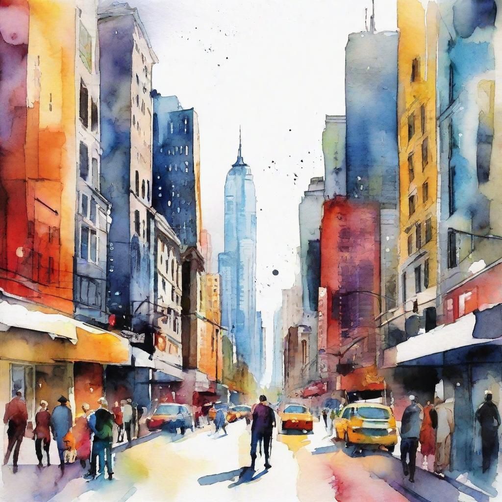 Vibrant Urban Watercolor Scene with Mixed Media Elements