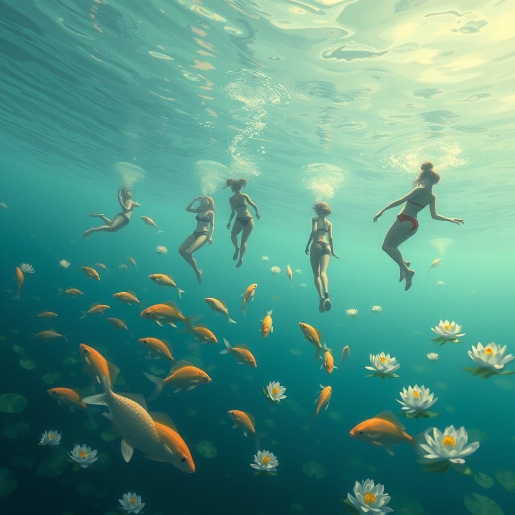 Fish View Serene Underwater World with Swimmers