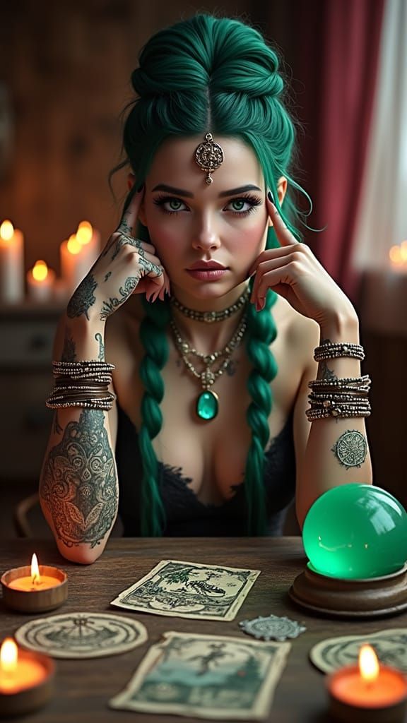 Mystical Woman with Emerald Hair in Anime Style
