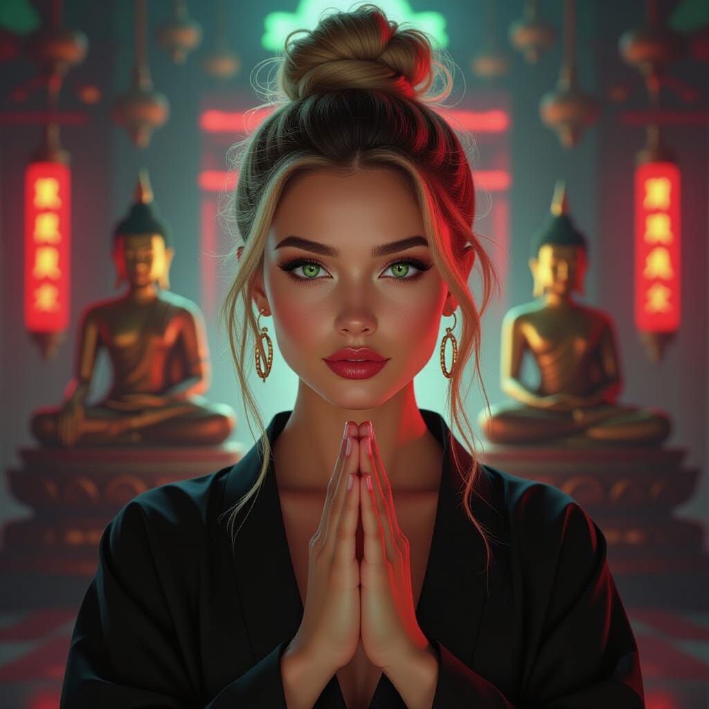 Cyberpunk Woman Praying in Buddha Temple