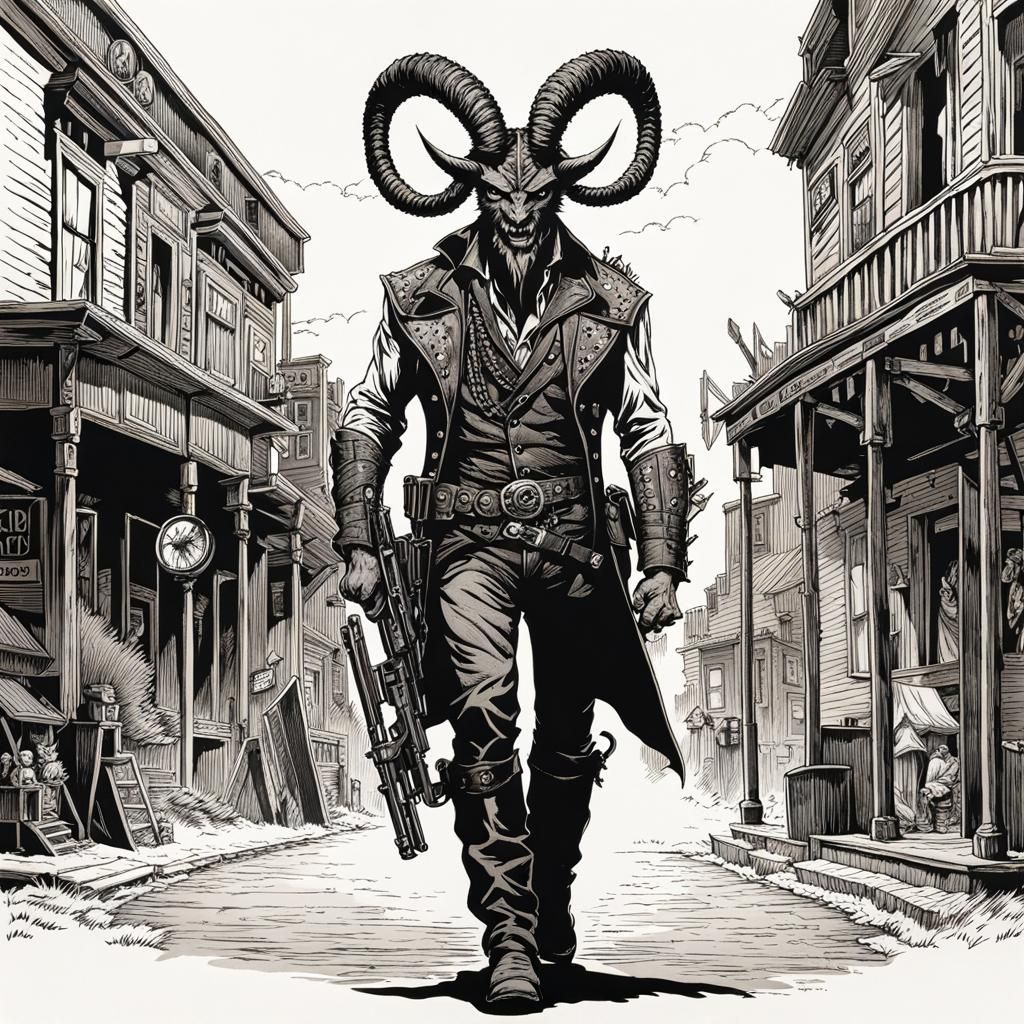 Western Demon Gunfighter Strides Down a Desolate Street in I...