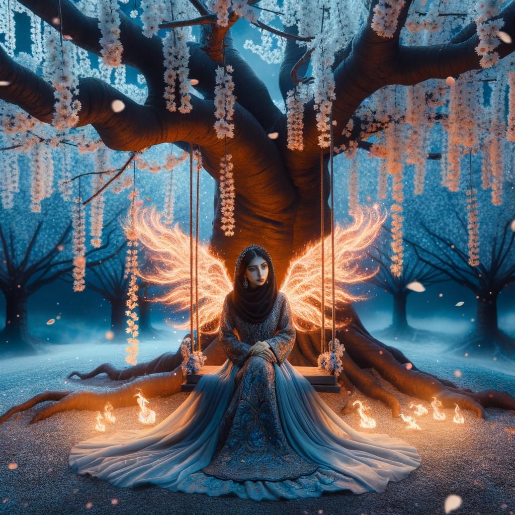 Winter Scene: Magical Sakura Tree with Fiery Winged Woman