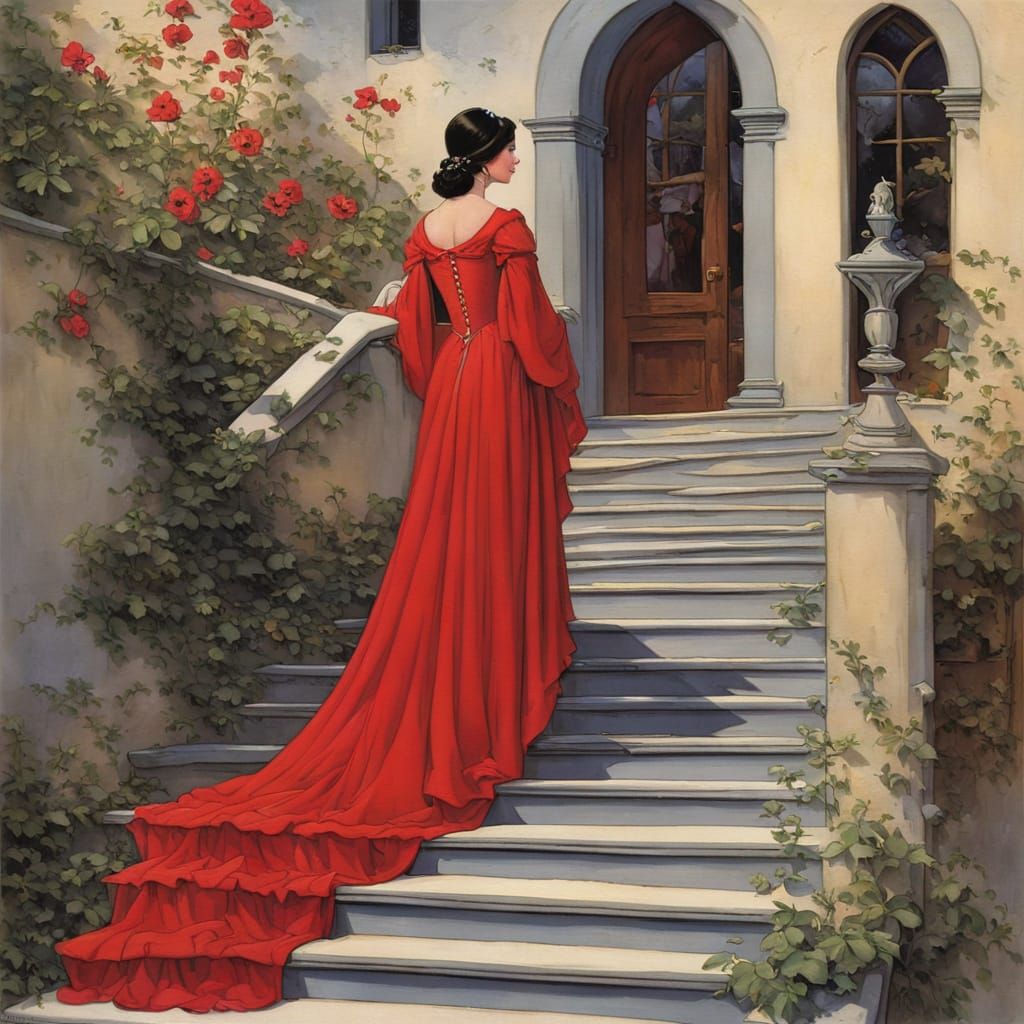 Gothic Woman Descends Stairs Amidst Vibrant Roses