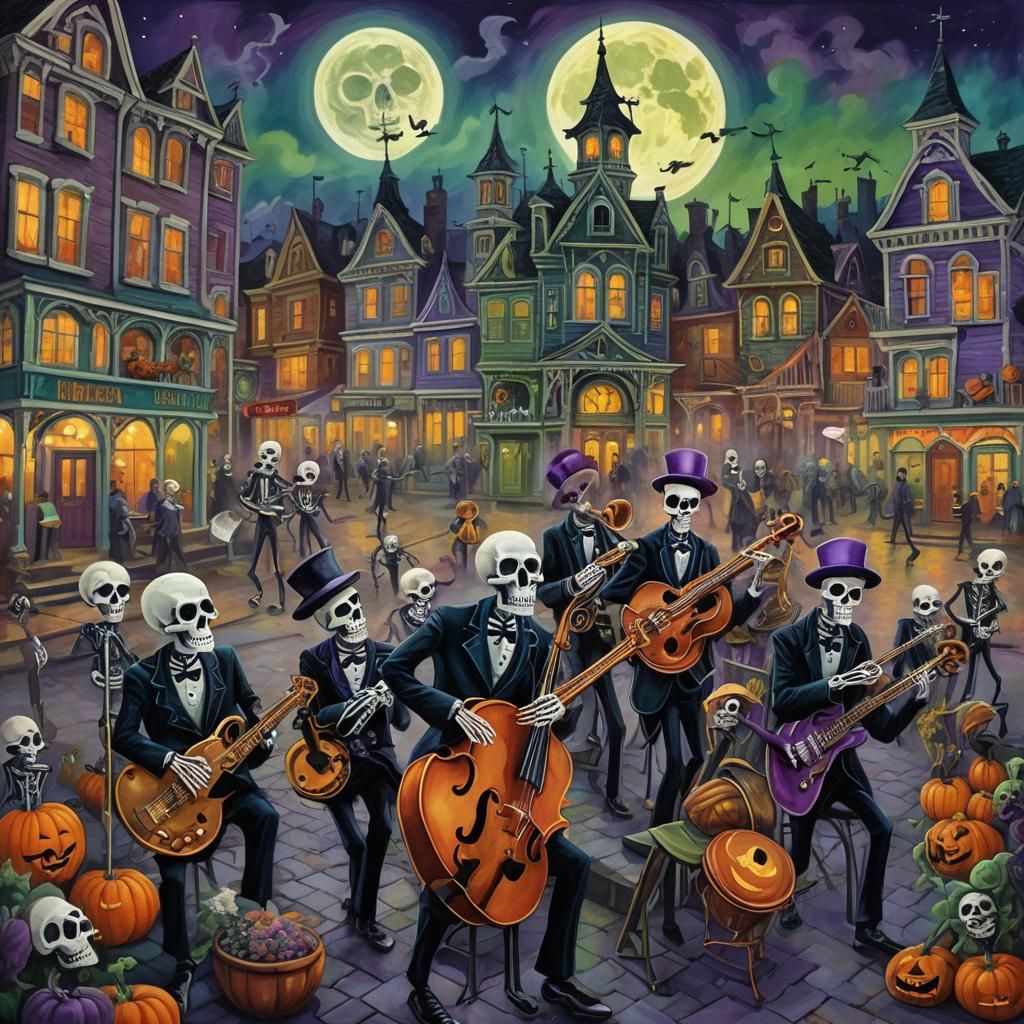 Groovy Skeleton Jazz Band in Vibrant Halloween Town