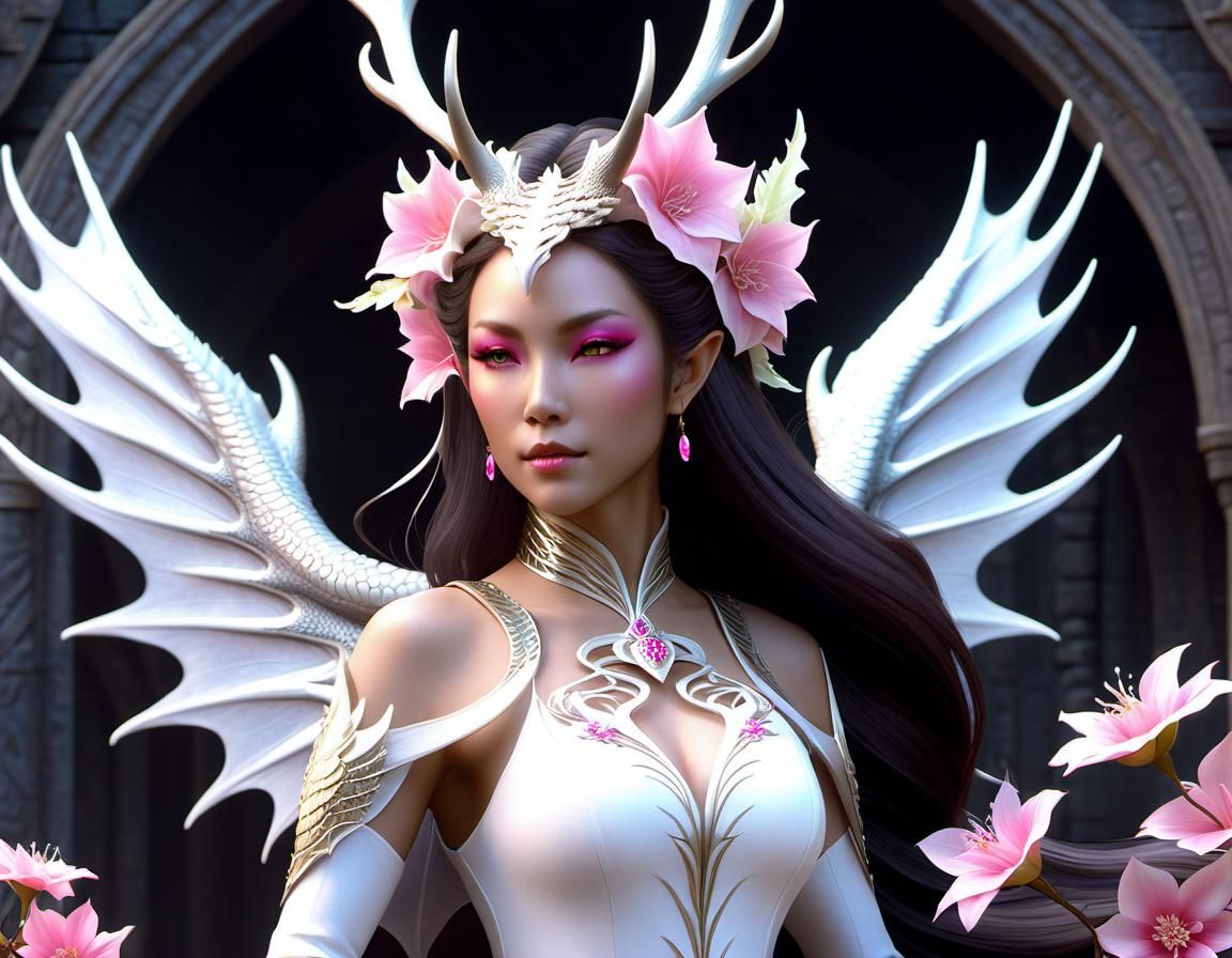 Ethereal Dragon Goddess with Antlers and Wings
