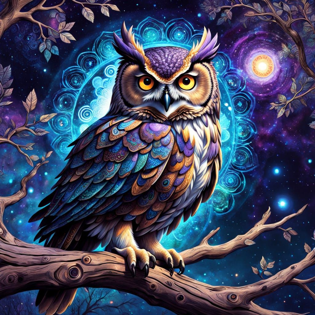 Majestic Clockwork Owl in Cosmic Nebula