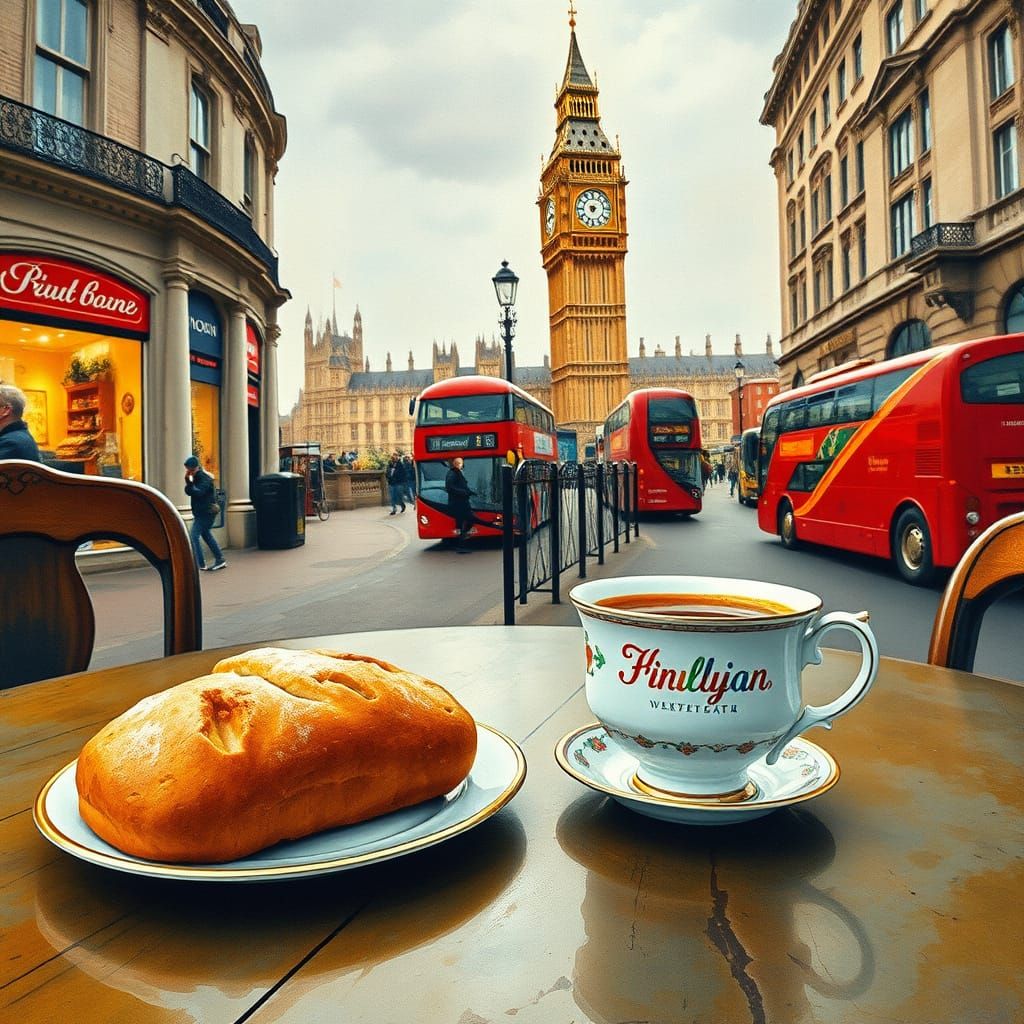 British Tea Time with London View in Gouache Style