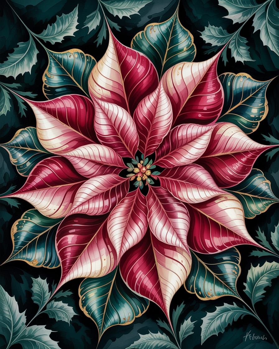 Ink and alcohol painting of a balanced Art Deco poinsettia f...