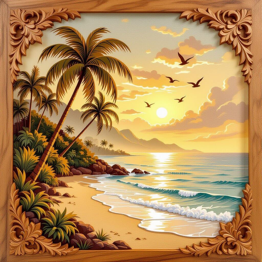 Tropical Island Wood Carving at Dawn