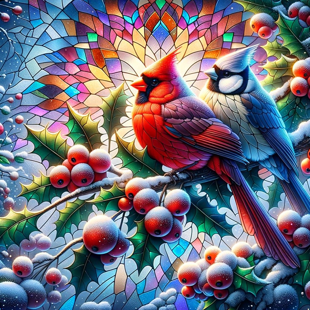 Vibrant Cardinals Amid Stained Glass Splendor