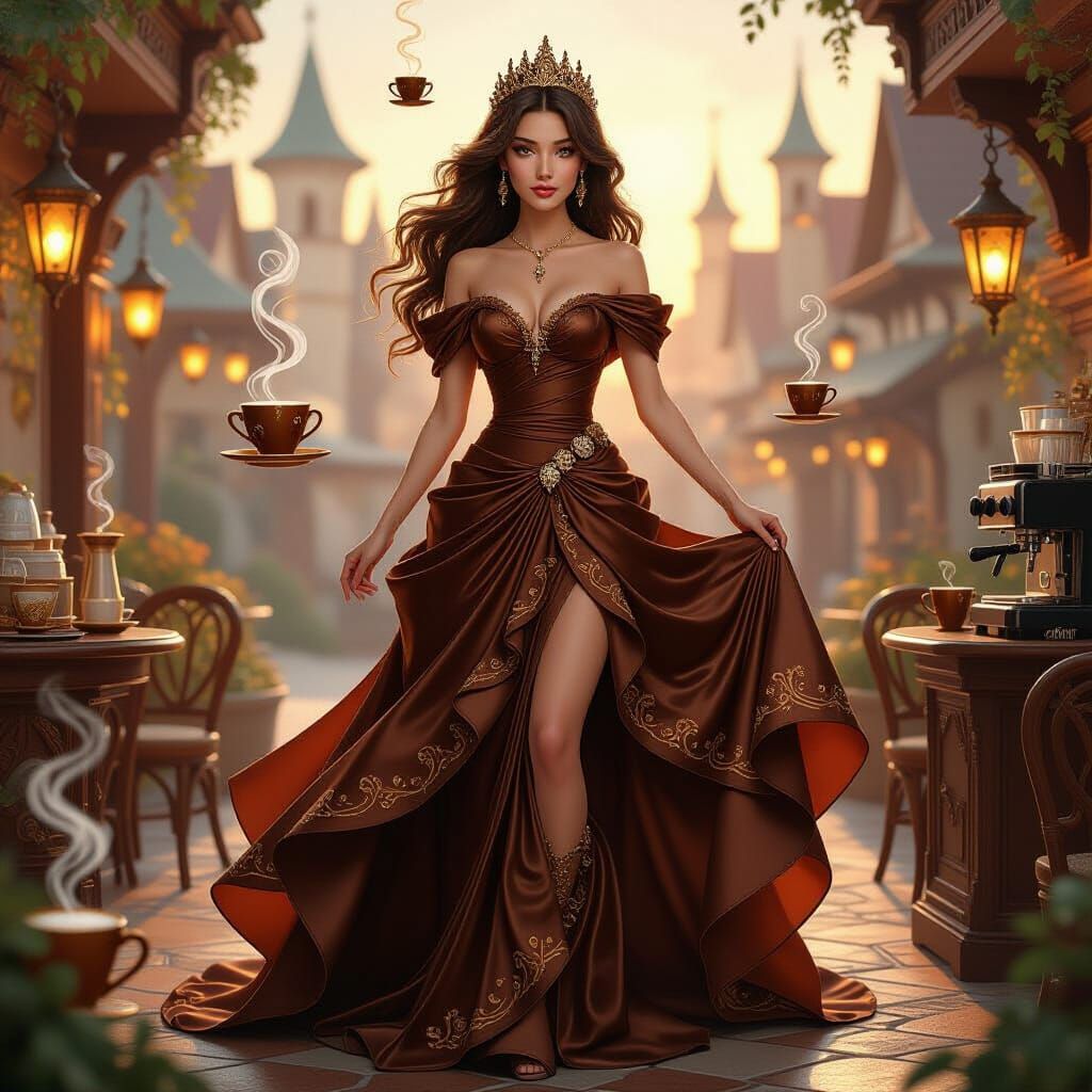 Coffee Princess in Whimsical Cafe Kingdom: Digital Illustrat...